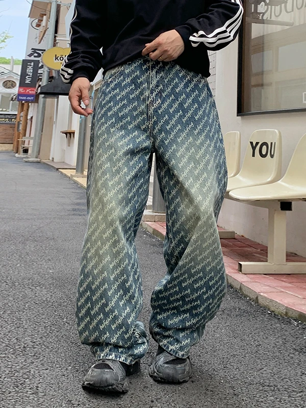 

Ретро с буквенным принтом, свободные прямые джинсы, повседневные длинные брюки для мужчин и женщин, весна-осень, широкие джинсовые брюки Cleanfit