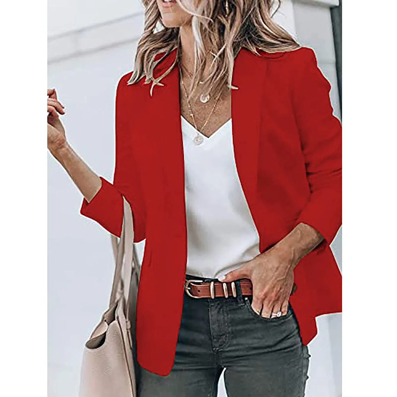 2024 Vrouwen Elegante Effen Kleur V-Hals Split Casual Mantel Jas Office Lady Wear Bovenkleding Pak Jasje Open Steek Tops