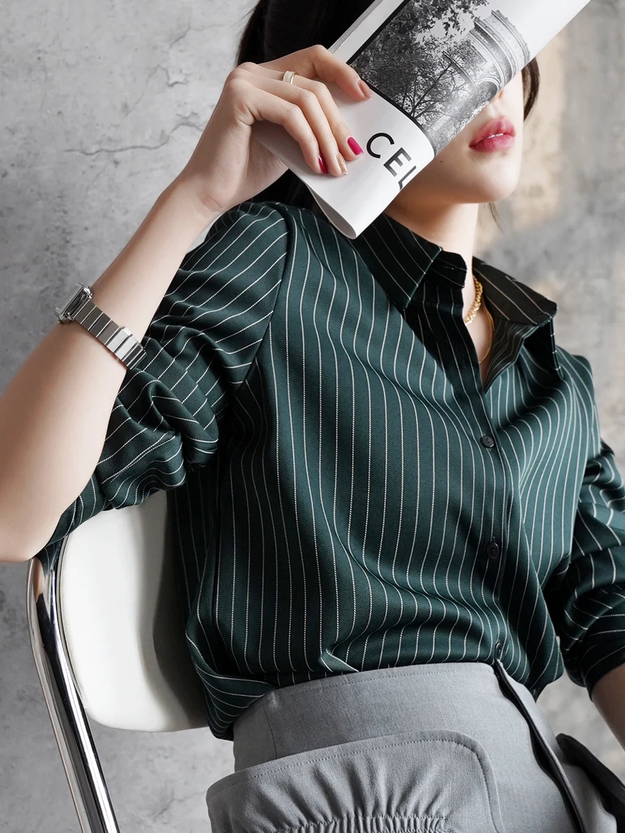 

Женская рубашка Warmo в стиле ретро, гонконгский стиль, с длинным рукавом, в полоску, весна 2025, повседневная, приталенная, оригинальная, повседневная рубашка