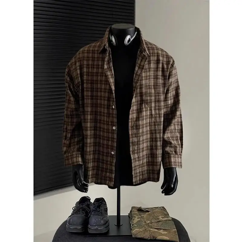 New Four Seasons Single breasted Men's Jacket American Loose Long Sleeve Fashion Plaid Shirt Color Splicing Basic Layer Outfit