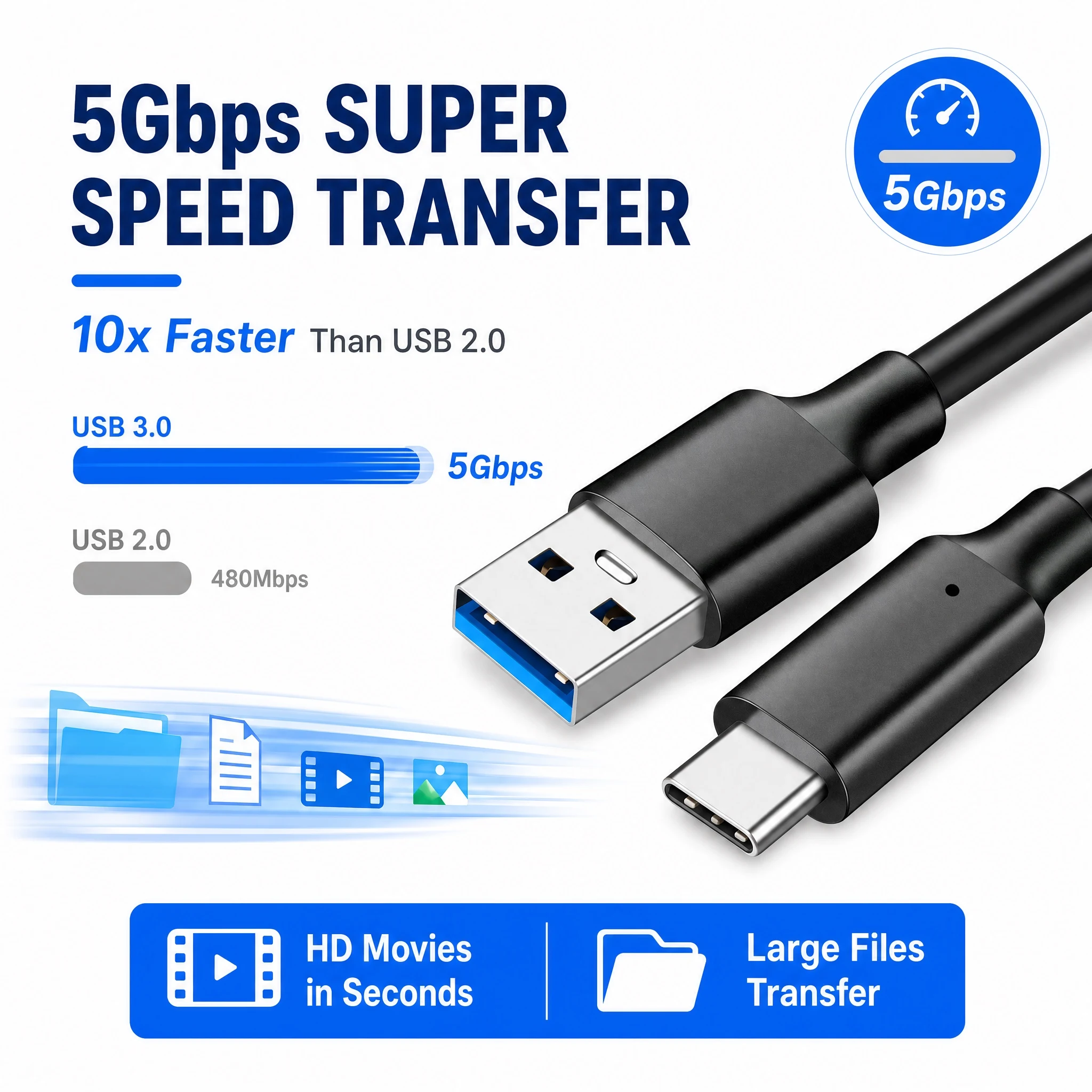 USB 3.0 USB A To Type‑C Cable 5Gbps High‑Speed Transfer Data Cable 1M 2M 3M 5M for USB‑C Smart Phone Tablet Laptop
