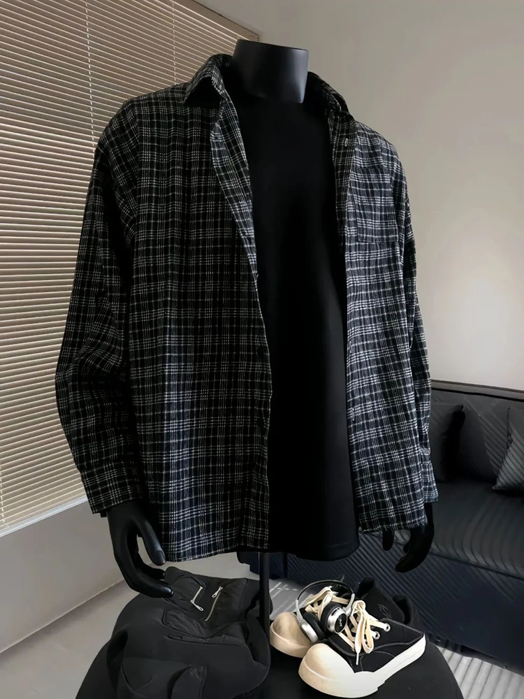 

Новая винтажная рубашка в клетку для мужчин, свободная, на одной пуговице, с отложным воротником, в стиле Y2K, корейский тренд, уличная одежда, топ с длинным рукавом