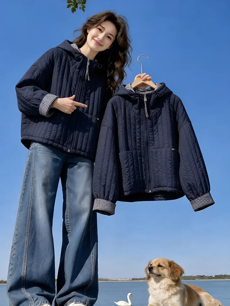 Young Stylish Quilted Cotton Jacket Women's Loose Short Lightweight Autumn Winter Coat Casual Comfortable Warm Zipper Closure