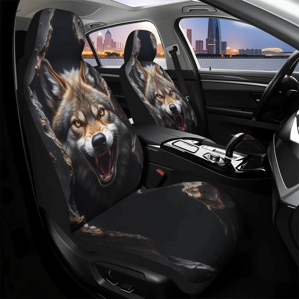 2pcs Aggressive Wolf Animal Portrait Print Front Seat Covers - Durable Polyester, Machine Washable, Fits Most Vehicles, Perfect