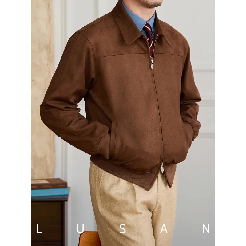 

Mr. Lu San American Style Khaki Suede Bomber Jacket Men's Casual Retro Versatile Short Turn-Down Collar Jacket Men