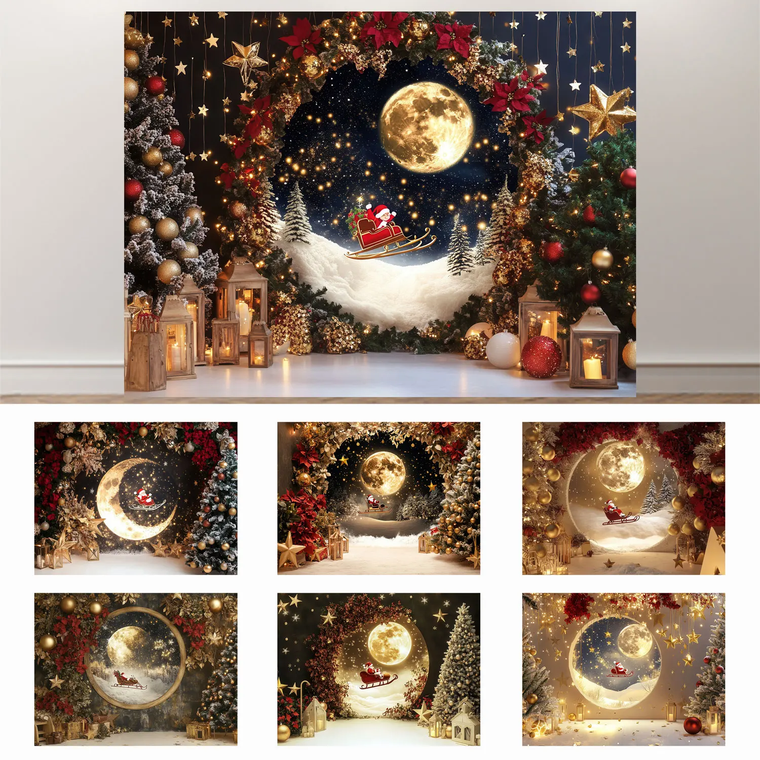 NeoBack Christmas Decoration Photography Background Full Moon Night Scene Santa Claus Giving Gifts Kids Family Portrait Backdrop