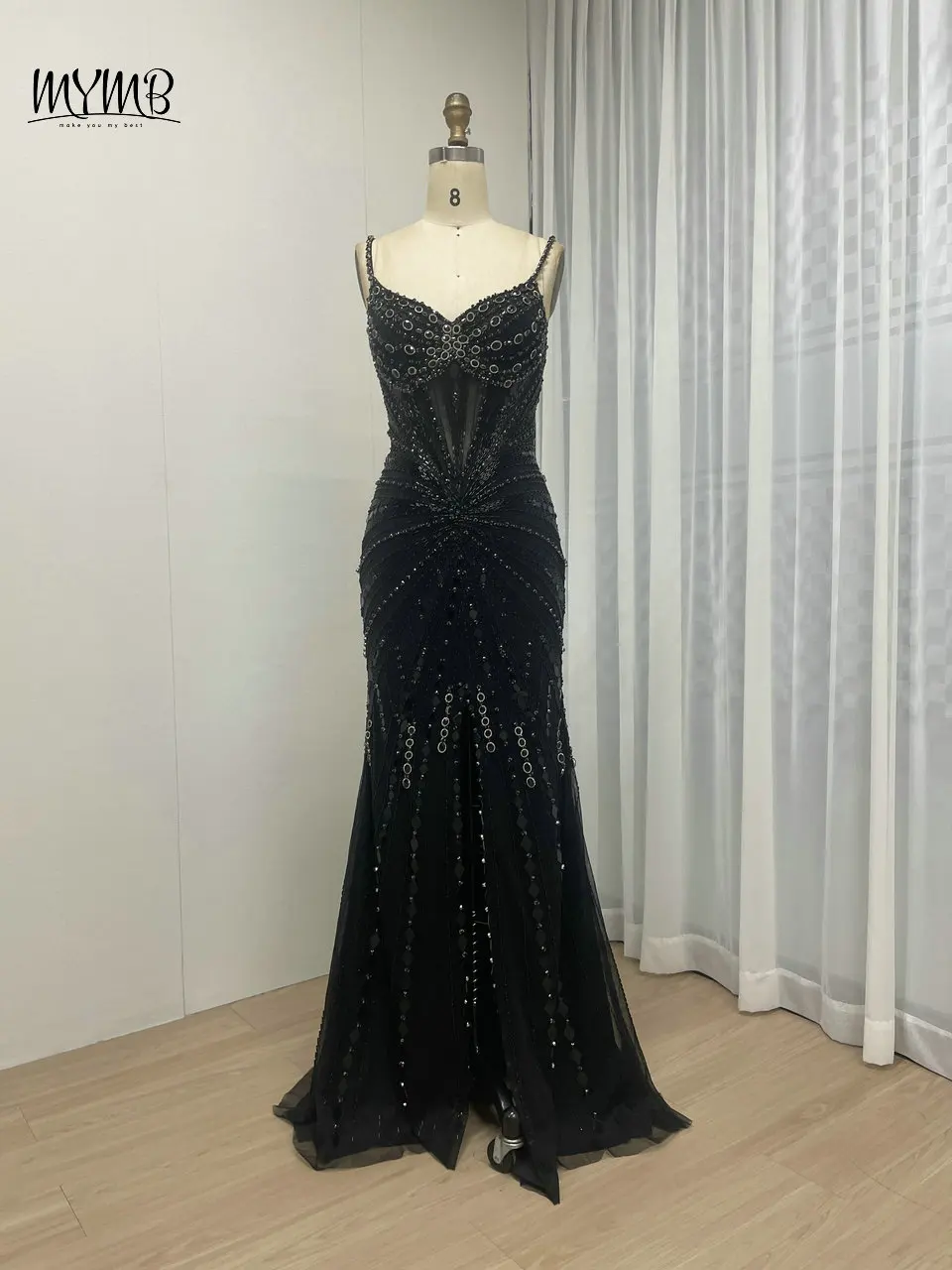 MYMB Nude Stunning Spaghetti Straps Sweetheart Neck Prom Party Dresses for Special Events Luxury Mermaid High Split Evening Gown