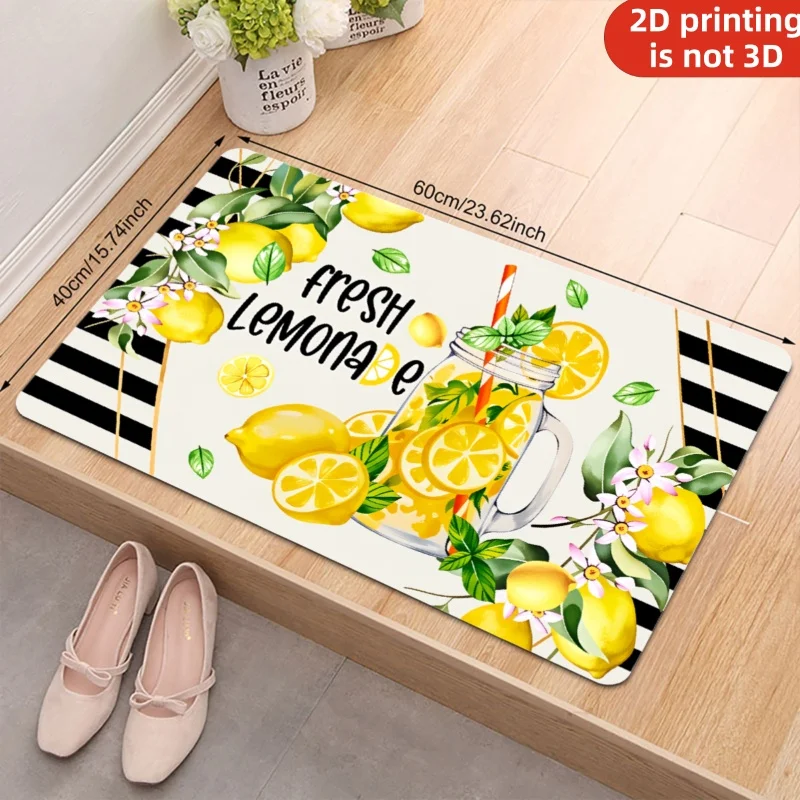 Fresh Lemonade Lemon Floral Striped Print Doormat Non Slip Front Entrance Floor Mat Summer Kitchen Entryway Decor