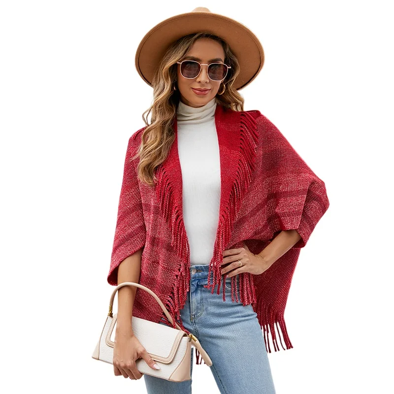 Foreign trade fringed shawl jacket women's 2023 autumn and winter new European and American knitted striped cape women
