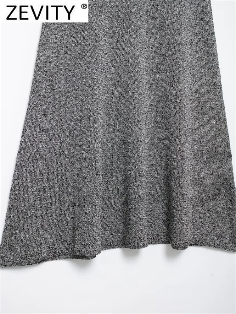 ZEVITY 2024 Women Elegant Grey Color Casual Knitting Flare Midi Skirt Female Slim Brand A Line Skirts Mujer QUN6276