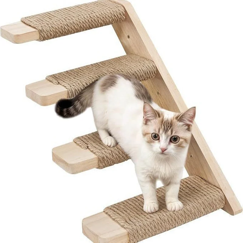 

Solid Wood Wall-Mounted Cat Climbing Tree - Multi-Level Cat Shelf with Sisal Scratching Posts, Space-Saving Cat Furniture
