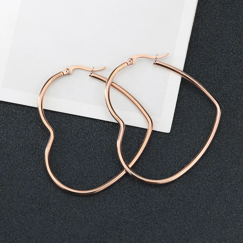 Exaggerate Big Hoop Earring 30-60mm Heart Earrings For Women Stainless Steel Gold Color Hip Hop Korea Fashion Jewelry