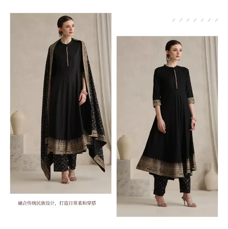 Elegant Black Indian Salwar Kameez Dupatta Set Women Cotton Suits Vintage Print Traditional Bollywood Style Outfit Spring view 2