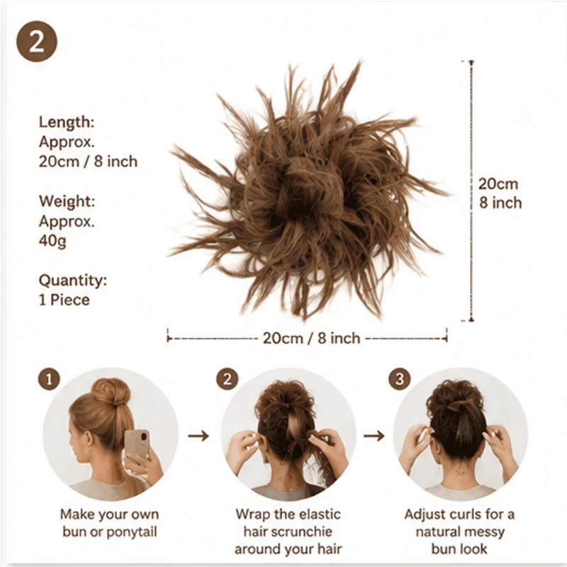 Messy Bun Haarverlängerung, gelocktes Haargummi-Haarteil für Frauen, natürliches, flauschiges Volumen, Pferdeschwanz, Hochsteckfrisur, Boho-Accessoire für den Alltag. – Detail 2