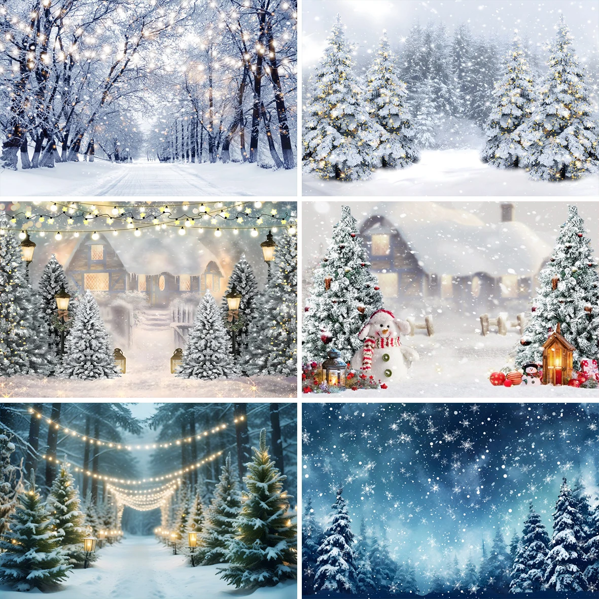 

Winter Pine Forest Christmas Photography Background Wonderland Snow Scenic Snowman Family Party Decor Backdrop for Photo Studio