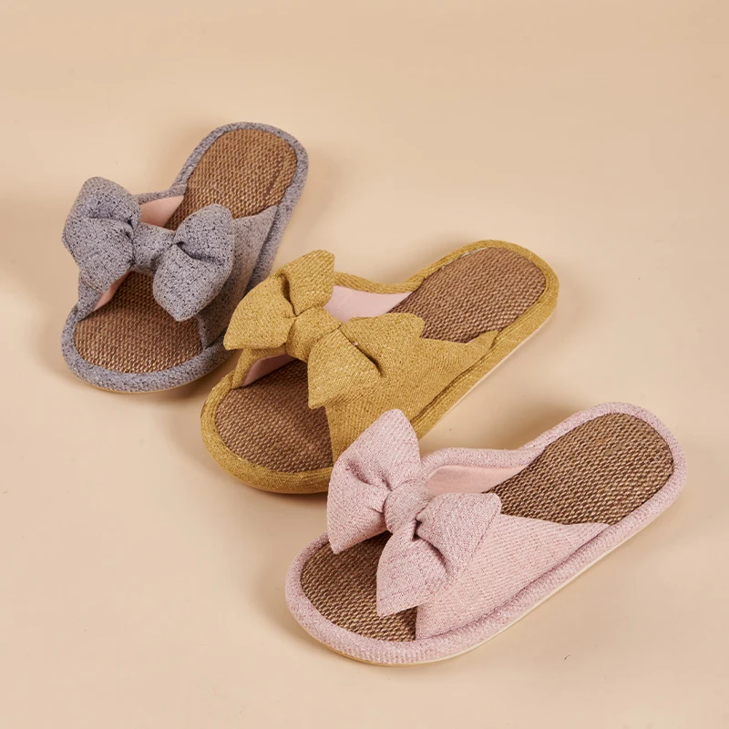 Women's Slippers for Spring, Autumn, and Summer, Indoor Home Non-Slip Wooden Floor Silent Slippers for All Seasons with Bowknot