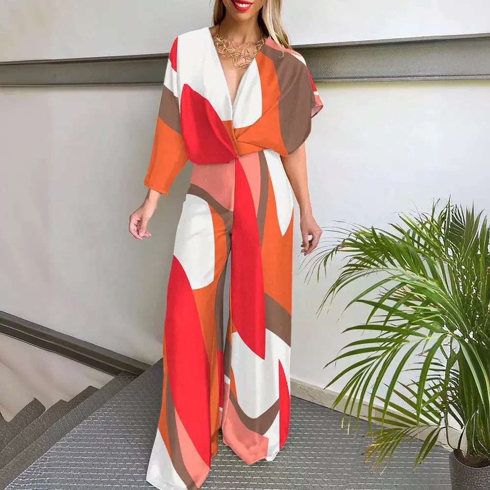 Geometry Printting Wide Leg Jumpsuits Women Sexy Deep V-neck Long Sleeve One Piece Sets Spring Autumn Elegant Playsuit