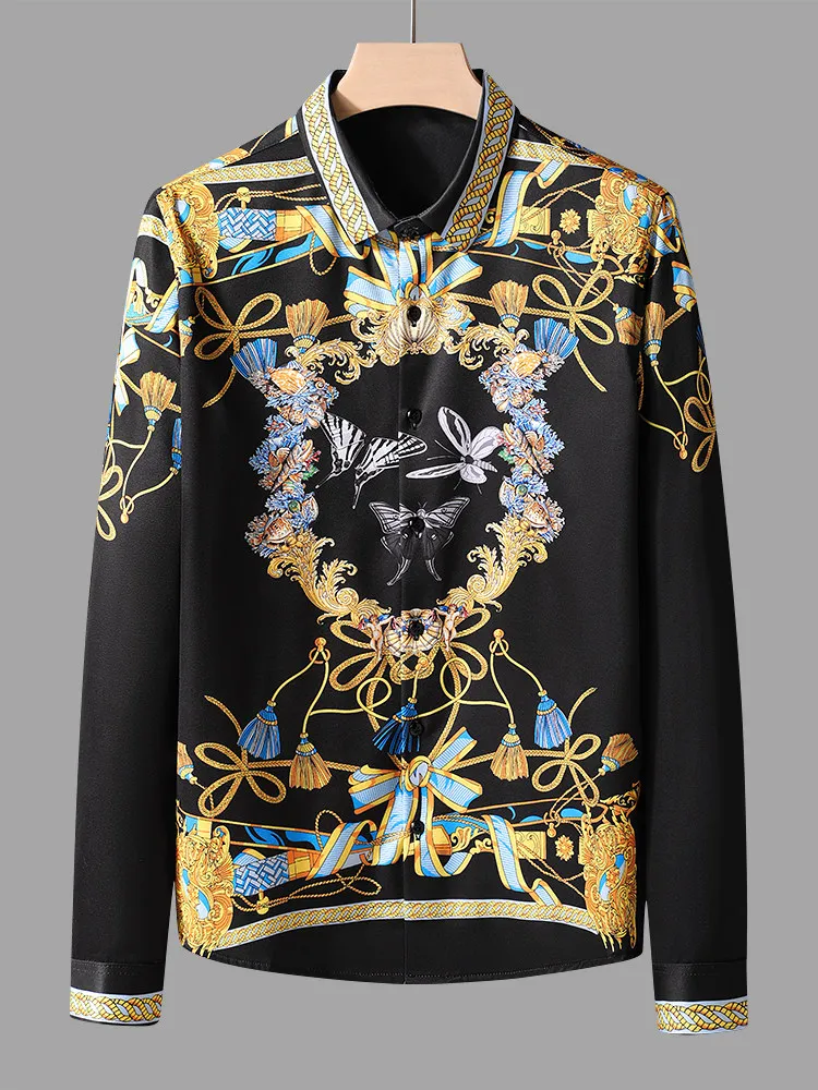 2026 Spring and Autumn New Men's Fashionable White and Black Bow Flower Print Turn-down Collar Long Sleeve Slim Fit Shirt