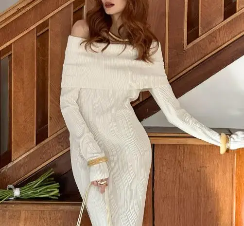 

Autumn 2025 Sexy One Collar Knitted Dress Material Tailored Wrap High Waist Skirt for Women Fashionable Warm Knitwear