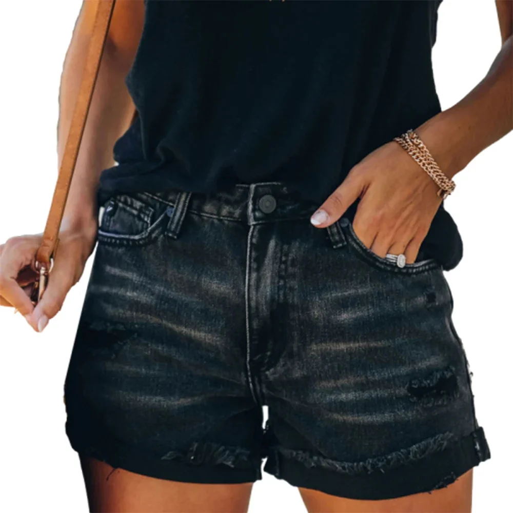 

Women High Waist Vintage Broken Holes Denim Shorts Tassel Trouser Legs Three Quarter Pants Female Mini Jeans Trend Streetwear 24