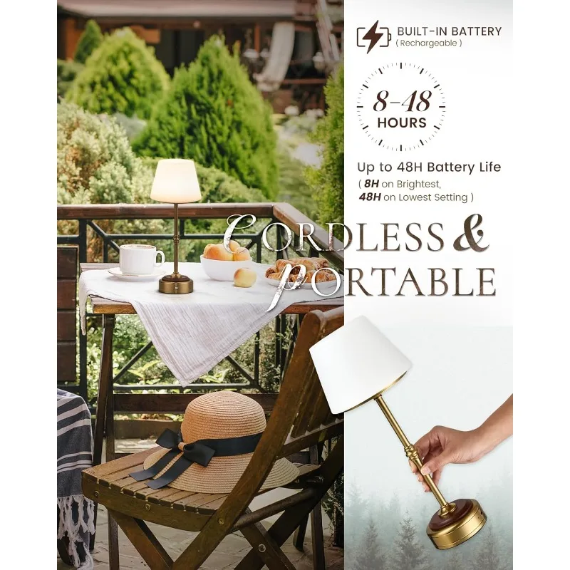 

Dimmable Cordless LED Table Lamp Antique Brass Rechargeable Portable Desk for Bedroom Living Room Light Bedside Night Lamp