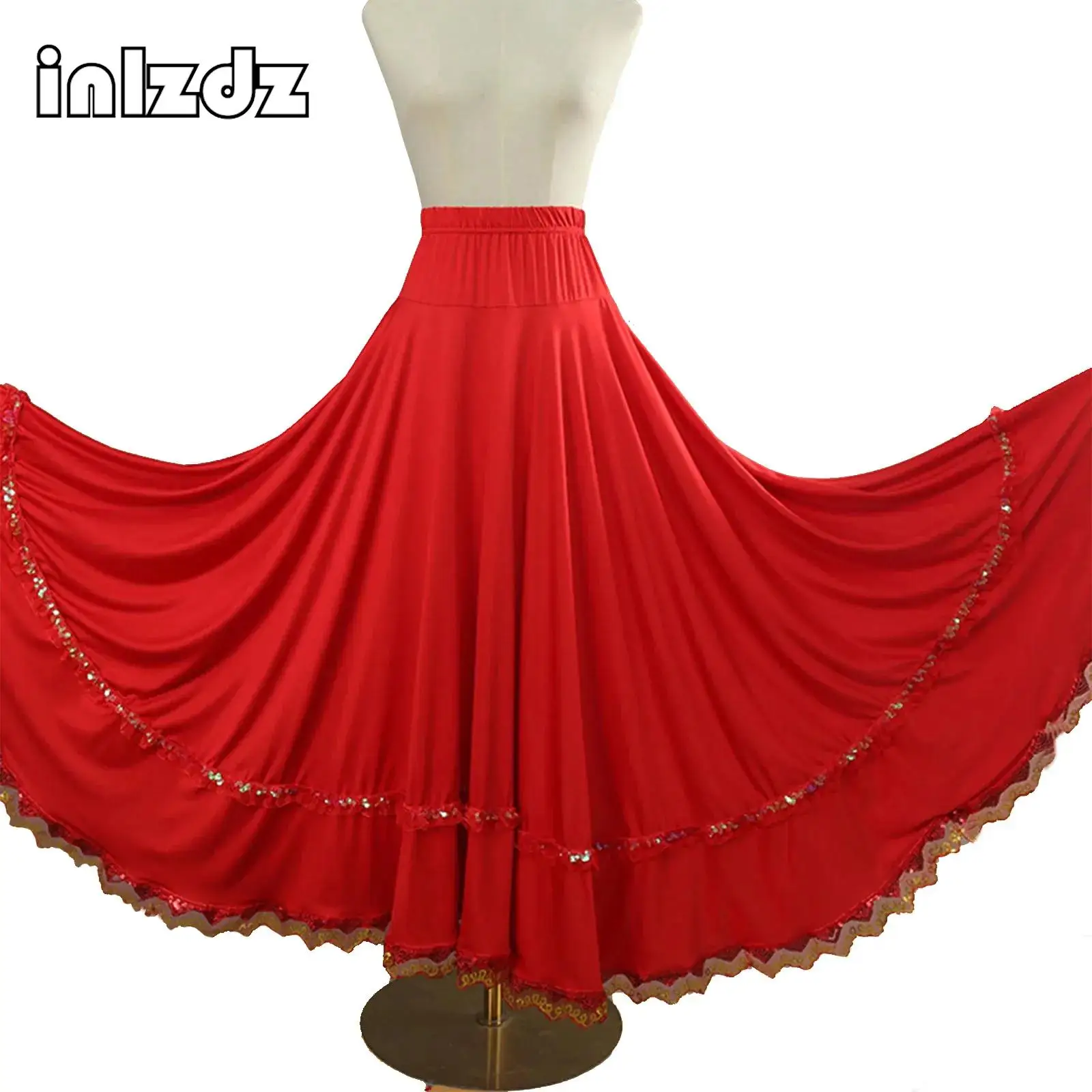 Spanisches Flamenco-Tanzkostüm für Damen, Pailletten, Rüschensaum, voller Kreis, langer Rock, klassisch, Flamengo, Gypsy, Karneval, Party, Tanzbekleidung