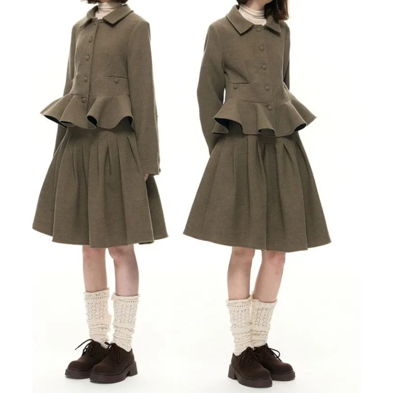 

Olive Green Vintage Solid Color Elegant Temperament Puffy Princess Wavy Hem Woolen Coat Skirt Set