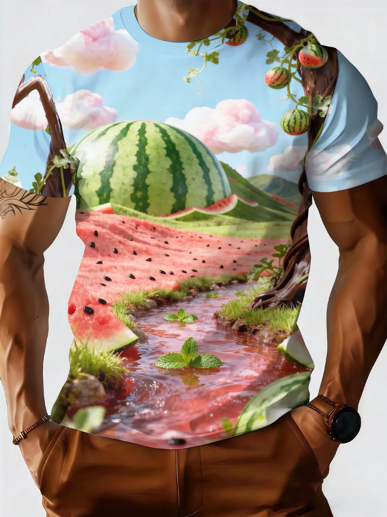 Men's Crew Neck Tee 3D Giant Watermelon Field Pink Stream Vine Cloud Scenery Full Print Casual Tops