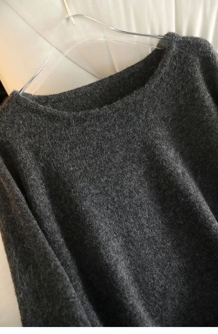 Off-the-shoulder boat neck 100% wool knit top for women new loose pullover sweater base layer for autumn and winter