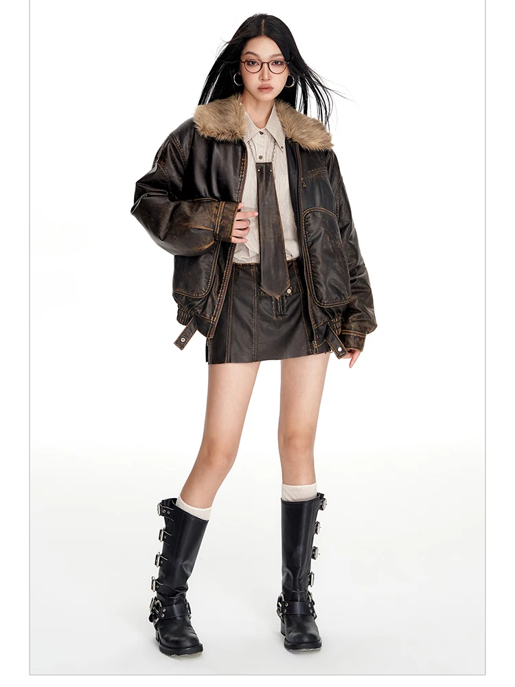 Lautaro Spring Autumn Cool Handsome Vintage Distressed Brown Pu Leather Jacket Women Faux Fur Collar Luxury Designer Clothing