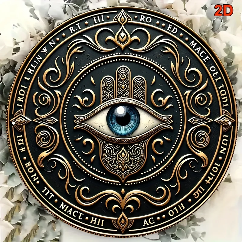 2D Embossed Hamsa Hand All Seeing Eye Round Metal Tin Sign 20x20cm Black Gold Vintage Rune Iron Plaque Witchy Bedroom Wall Decor