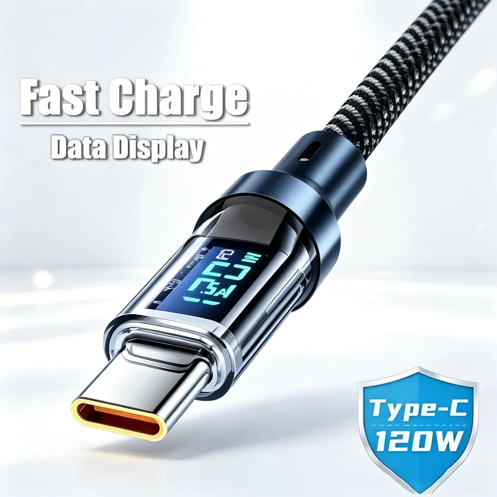 Cabo USB C Duplo de 120W com Display Digital, Carregamento Rápido PD, USB Tipo C para Tipo-C, para iPhone 15 Pro Max Plus, Xiaomi, Macbook, iPad