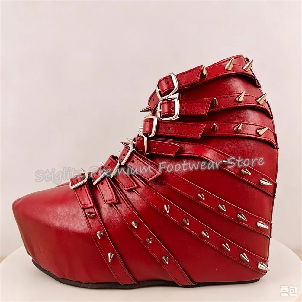 Gothic Punk Rivet Multi Buckle Strap Wedge Ankle Boots Women Platform Heigh Increasing Boots Lady Cosplay Party Dress Shoes