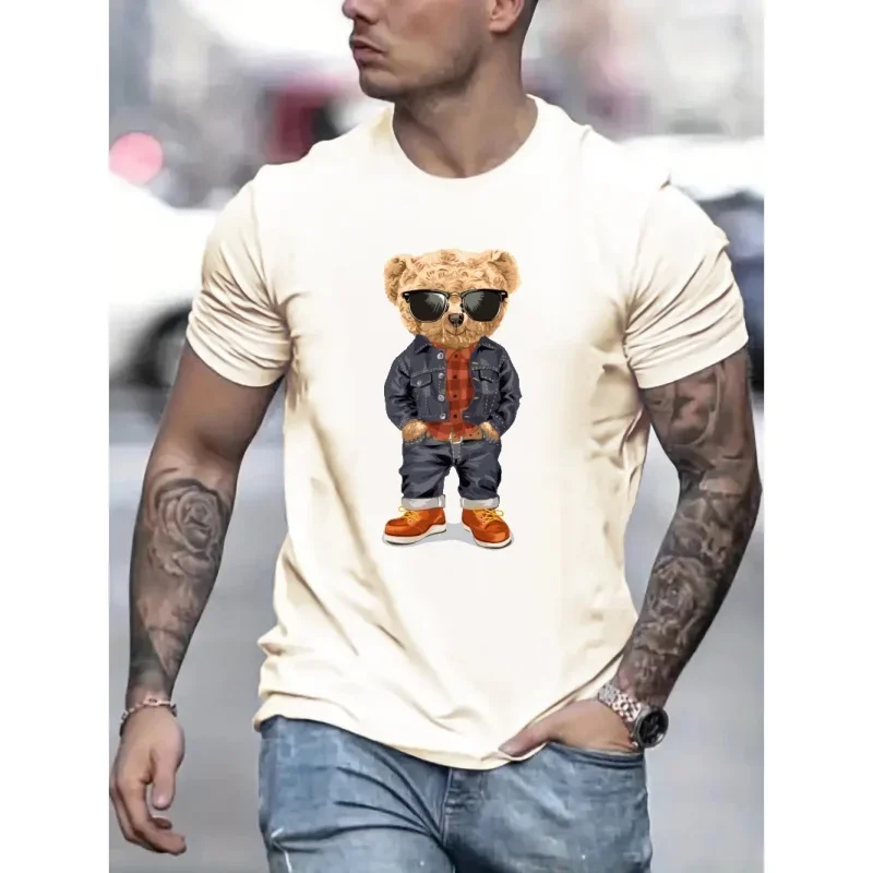 Cool Teddy Bear Men\'s Trendy T-shirt For Summer Outdoor, Casual Mid Stretch Crew Neck Tee Short Sleeve Graphic Stylish Top