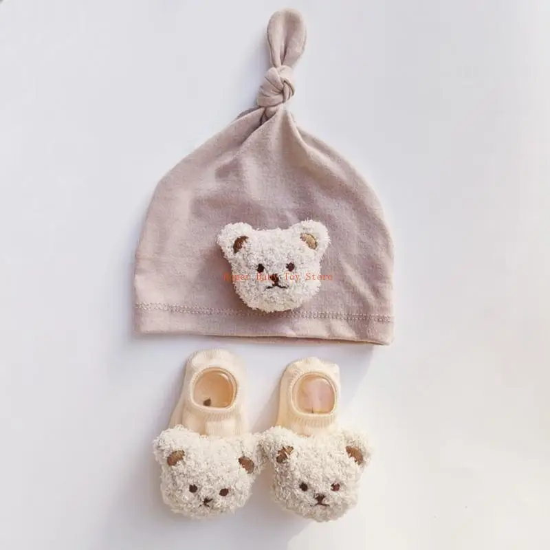 

J0PF Knotted Hat and Socks Set Stretchy Newborn Cap with Cartoon Bear Floor Socks