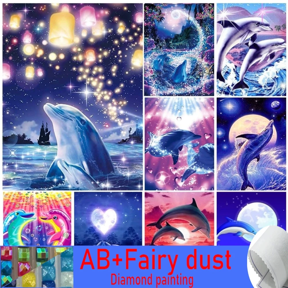 Dolphin Picture 5D 120 Colors AB Fairy Dust Diamond Painting Aquatic Creatures Full Drill Mosaic Painting Kits Embroidery DIY