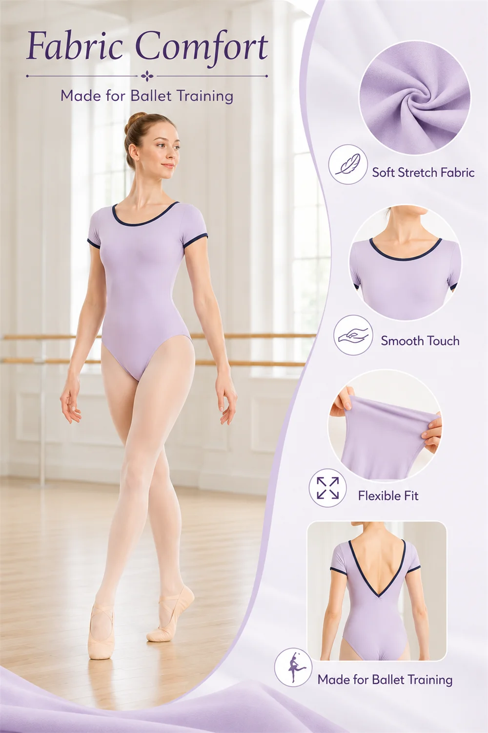 Adult Women Ballet Leotard Short Sleeve Deep V Back Contrast Binding Soft Stretch Dance Bodysuit for Training Performance