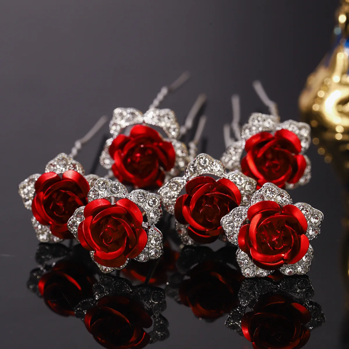 

6 шт., набор заколок для волос с красным кристаллом и розой, элегантная заколка для волос со стразами, головной убор, ювелирные изделия для праздничной вечеринки, аксессуары для волос