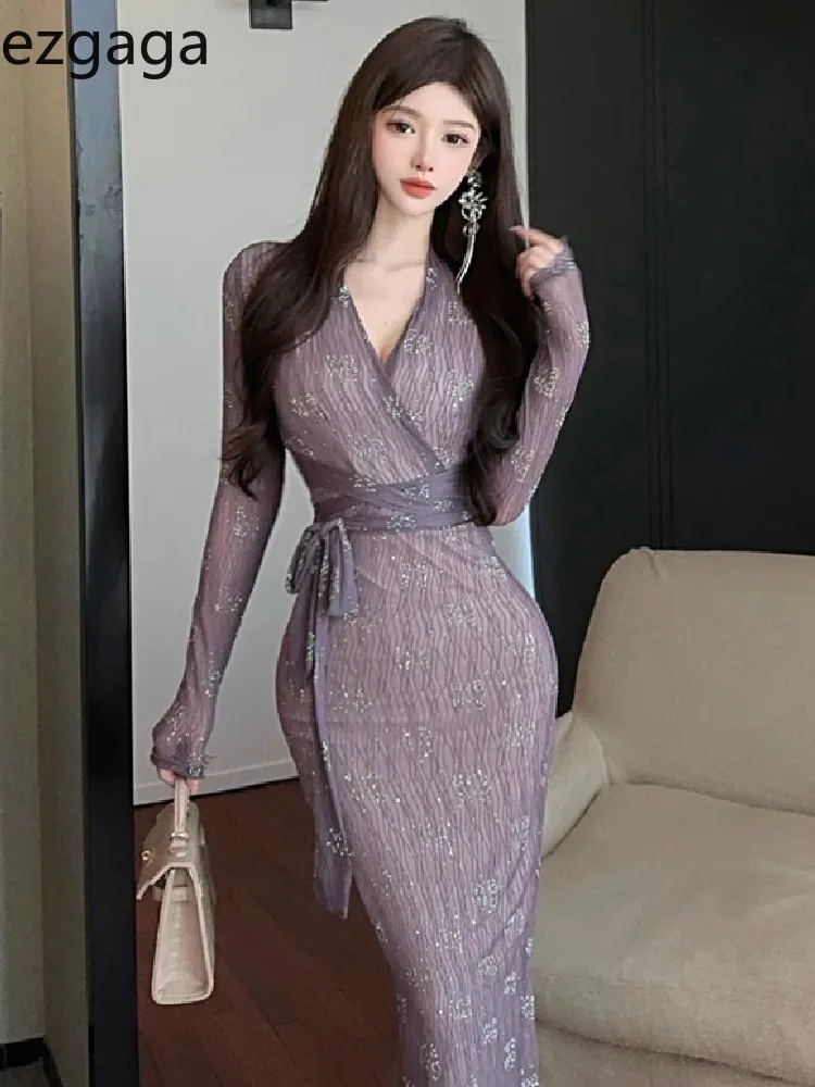 

Ezgaga Women Dresses Elegant Vintage V Neck Long Sleeve Bandage Spring Fashion French Style Party Dress Temperament Ladies