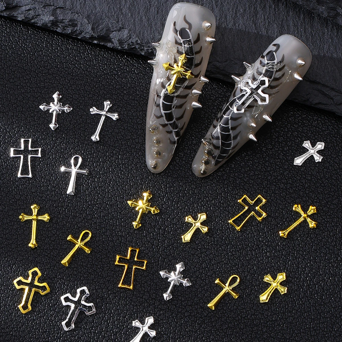 12-Grid Gold and Silver Rivet Cross Nail Art Decorations, Hollow 12-Grid Mixed-Shaped Rivet Nail DIY Decoration Accessories