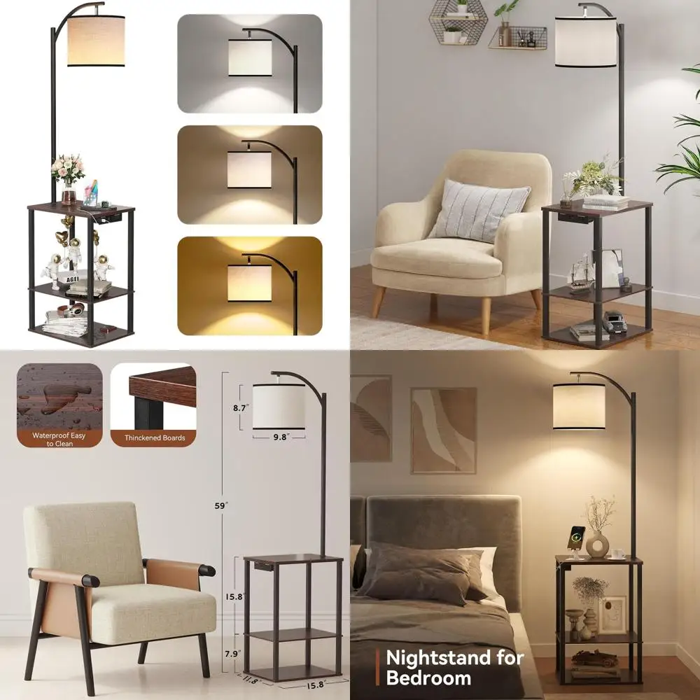 

Floor Lamp with Table, End Table for Living Room with Lamp, Shelves Side Table with Charging Station(USB & AC Port), 3 Color Tem