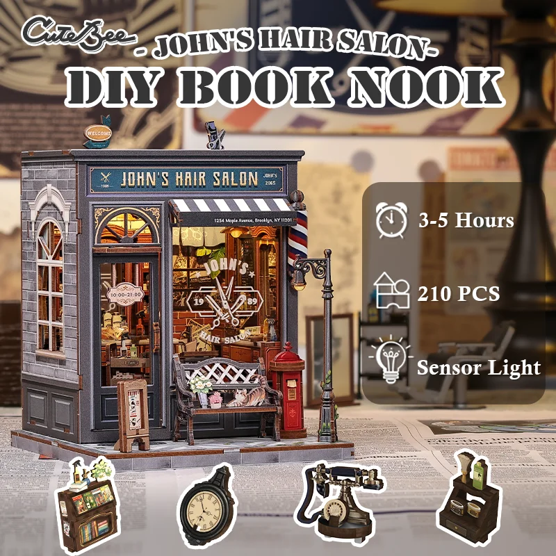 

CUTEBEE Book Nook Kit DIY Деревянный кукольный домик с сенсорным светом Миниатюрная модель для парикмахерской Джона для удивительных подарков Домашний декор
