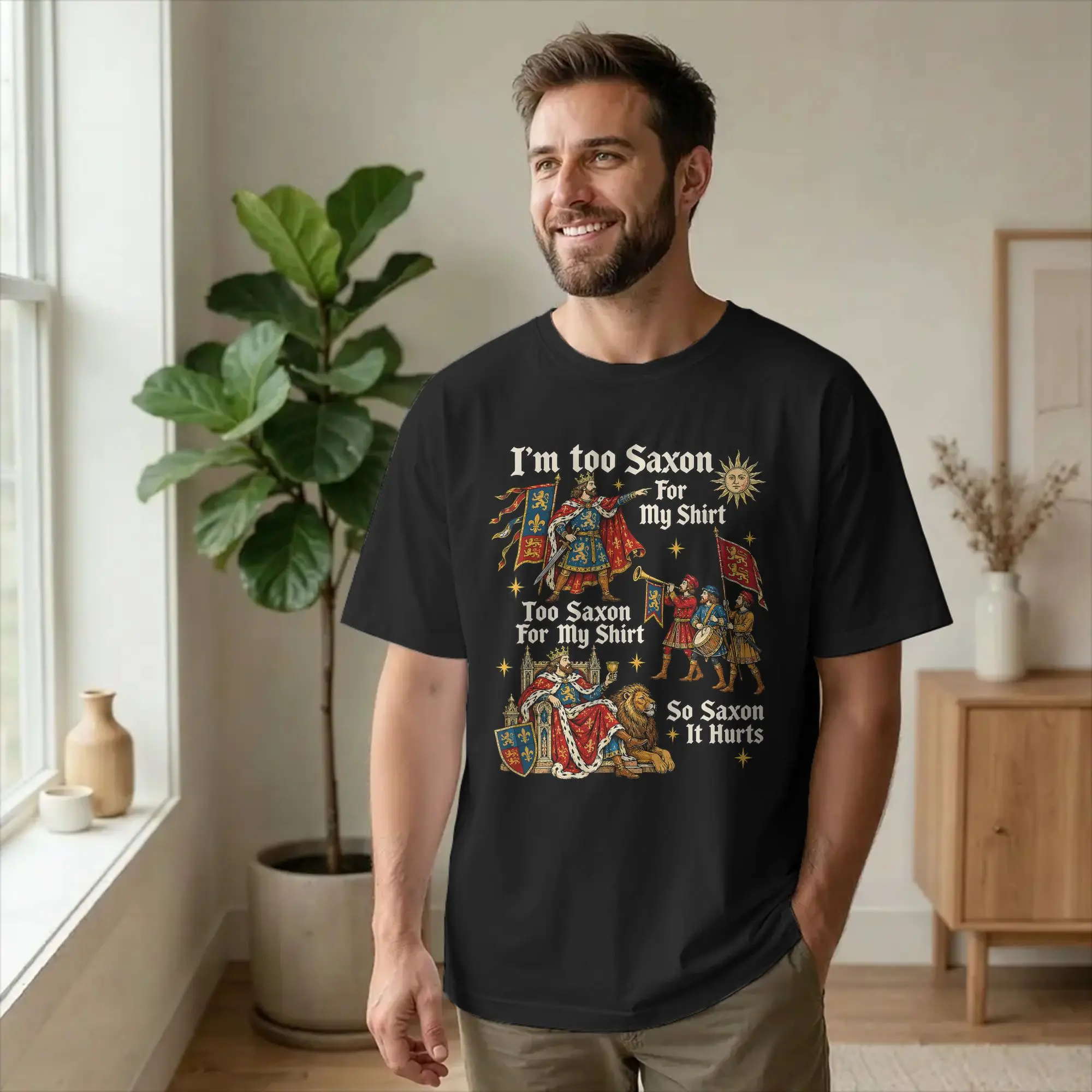 Men T-Shirt Too Saxon Funny Medieval Meme Leisure Pure Cotton Tee Short Sleeve Renaissance T Shirts Crewneck Clothing Plus Size