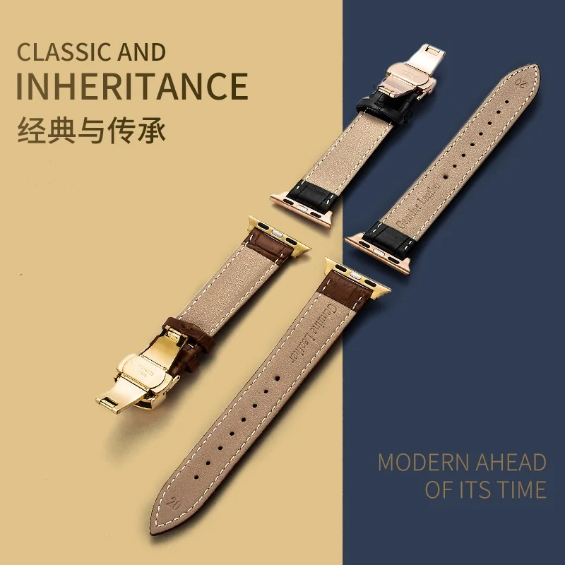 Butterfly Buckle Leather Strap for Apple Watch Ultra 2 Band S10 46mm 42mm 45mm 40mm 41mm 44mm for iWatch Series 9 8 7 6 SE 5 4 