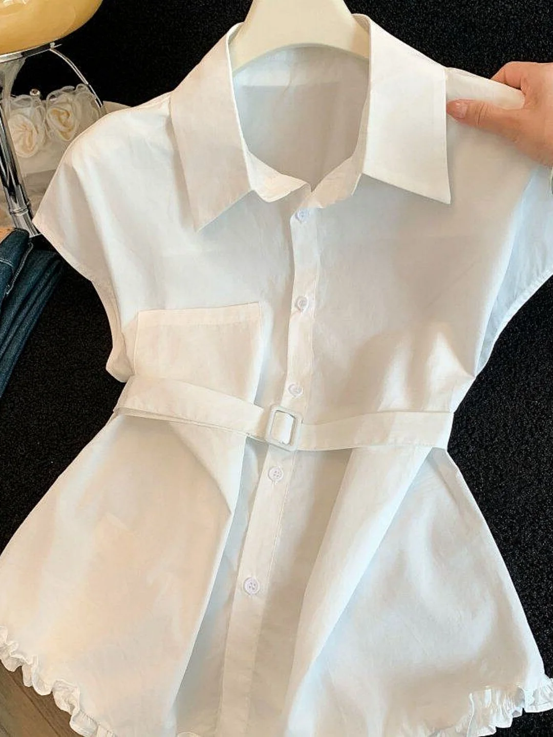 

Elegant Short Sleeve Shirt Women's Mid-Length Waist-Cinching French Style Top Polyester Fiber Flip-Collar Pure Color Summer 2026