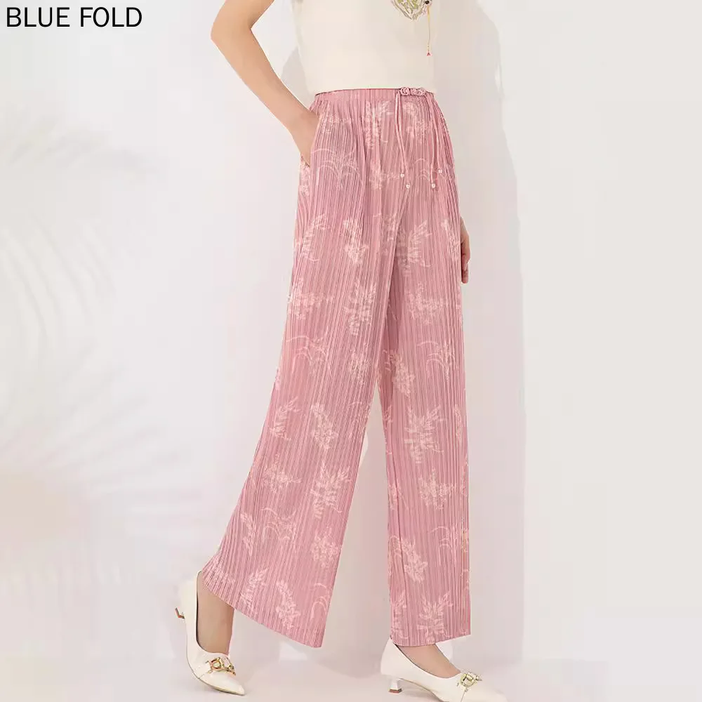 

MIYAKE-Pleated Wide-Leg Pants Women Stretchy and Straight Chinese-style Printed High-waisted, Slimming and Straight, Summer, New