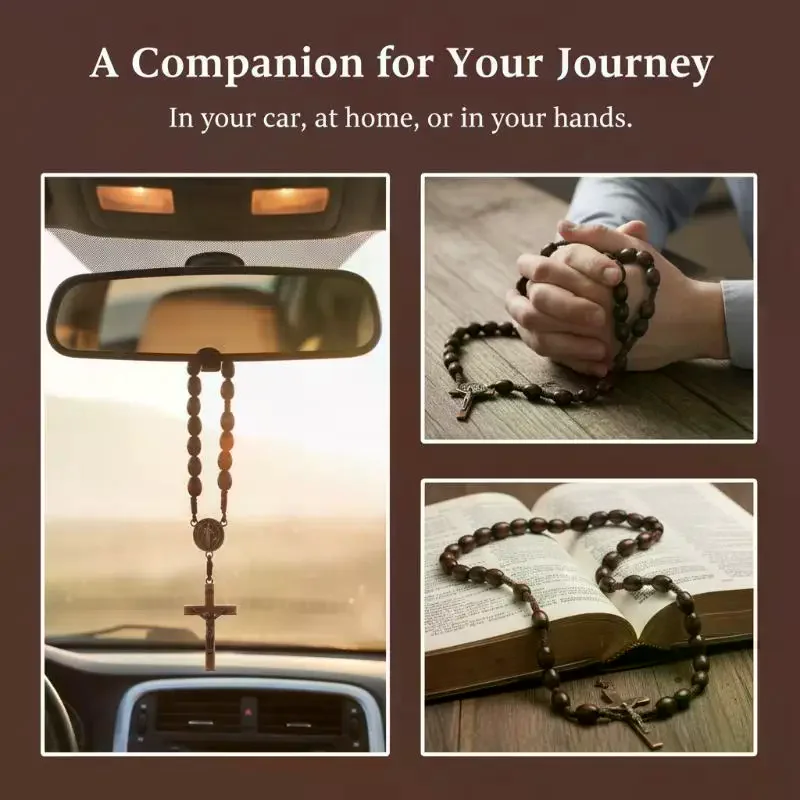 Car Hanging Ornament Handmade Rosary Necklace Wood Religious Wood Beads Necklace Mellow Crucifix Pendant Chain