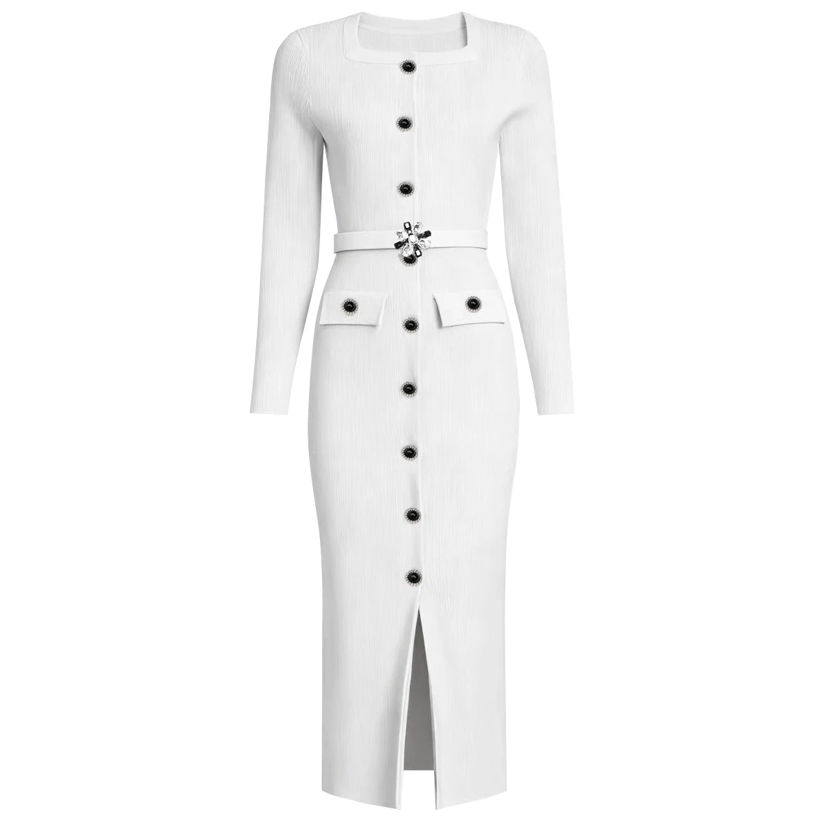 

High Quality Spring And Autumn New Women's Fashionable Temperament Commuting Square Neck Belt Slim Fit Long Sleeved Dress