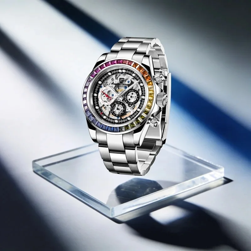 PAGANI Design Men Automatic Mechanical Watch Rainbow Circle Skeleton Dial Stainless Steel Sapphire Sports Watches