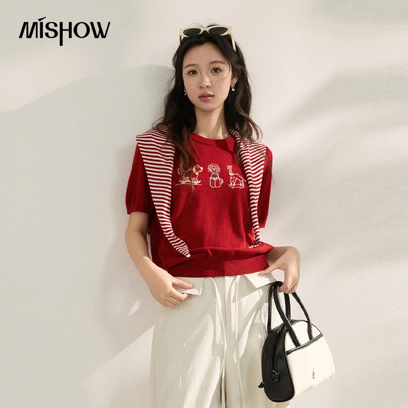 

Женский комплект MISHOW из 2 предметов: футболка с отстегивающимся полосатым шарфом и вышивкой, ретро-полосатый красный топ, летняя новинка 2026 MXF16Z3085